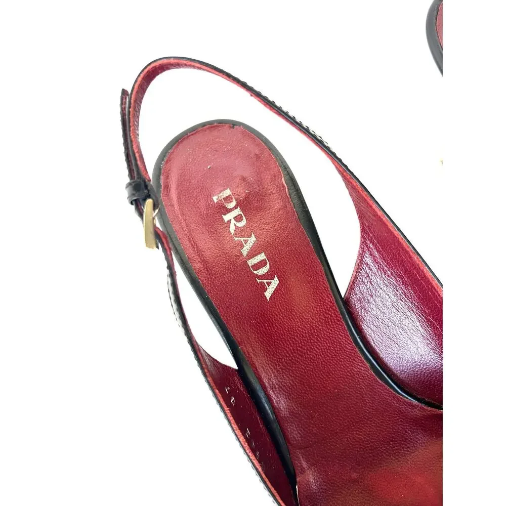 Vintage Prada Kitten Heels Slingbacks Low Sandals Tan Black 37 7 Bow Preppy
